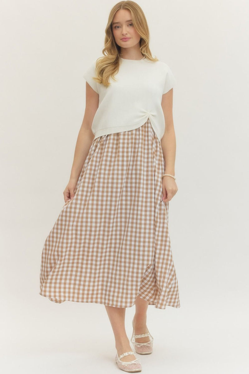 beige gingham midi dress Tan Gingham Midi Dress Medium