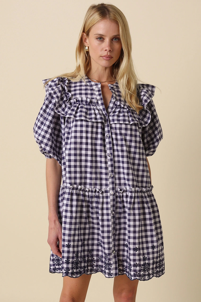 Gingham Ruffle Tiered Mini Dress {Navy + White} Kelly Fields Boutique Gingham Ruffle Tiered Mini Dress {Navy + White} Kelly Fields Boutique