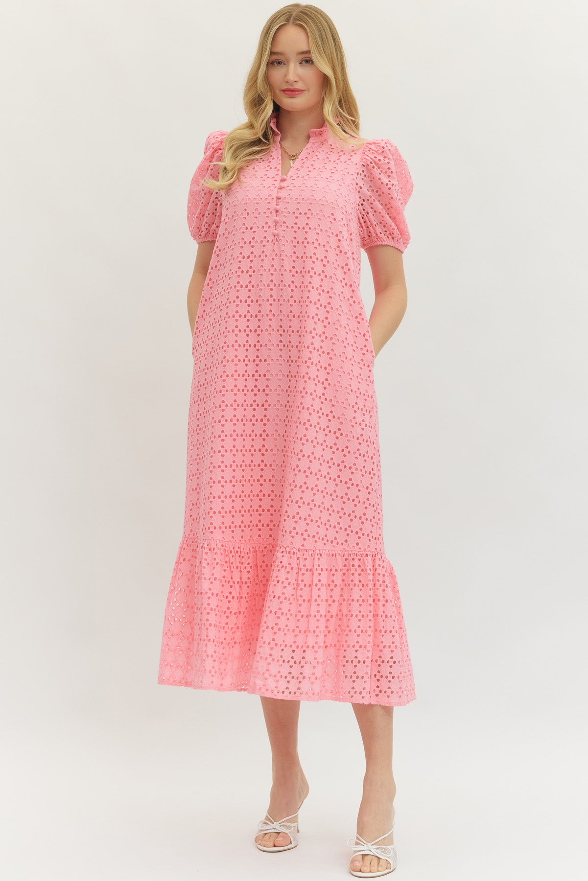 Eyelet Puff Sleeve Midi Dress {Pink} – Kelly Fields Boutique
