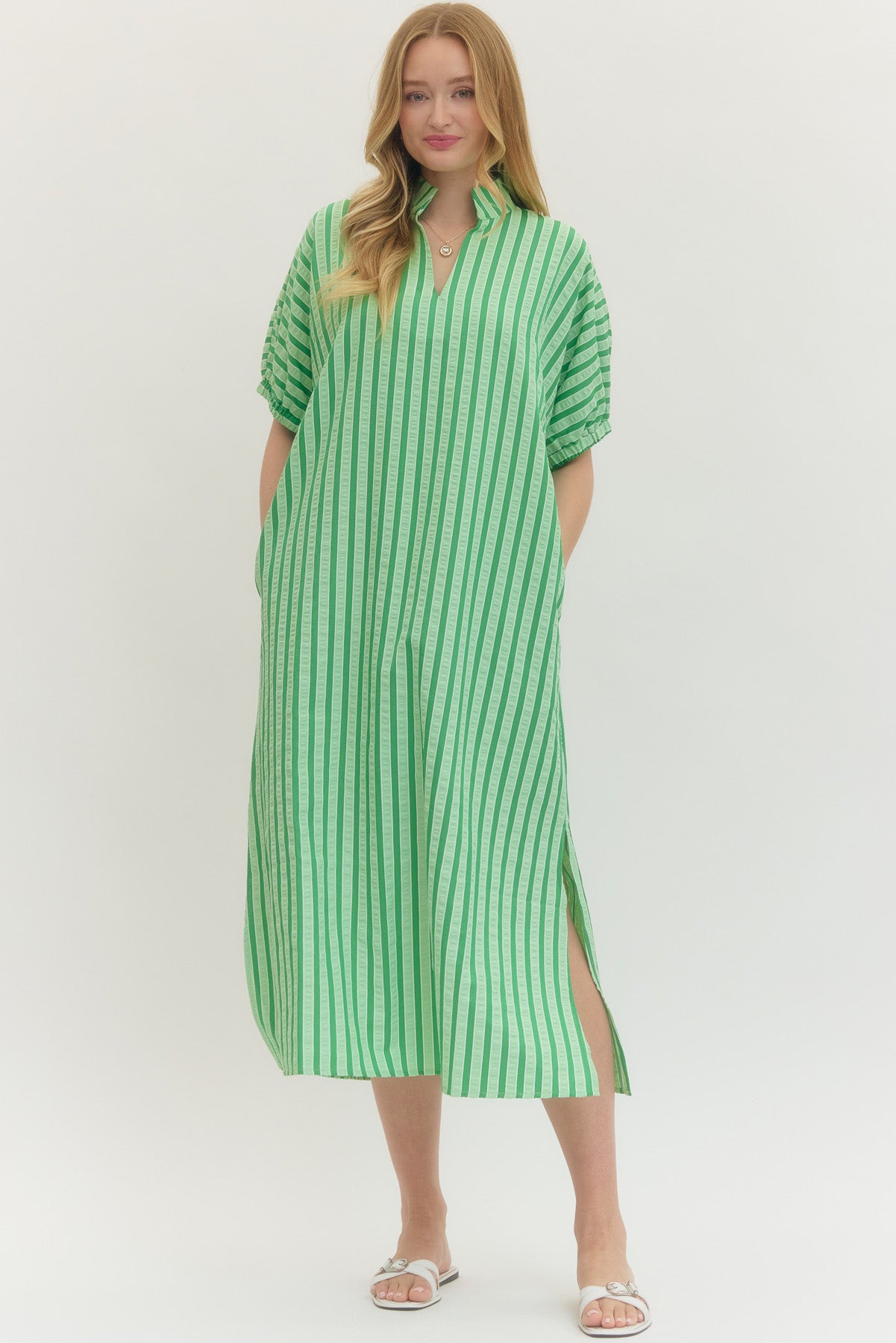 green glitter plisse puff sleeve v bar draped midi dress Striped {Green} – Kelly Fields Boutique ruffle skirt