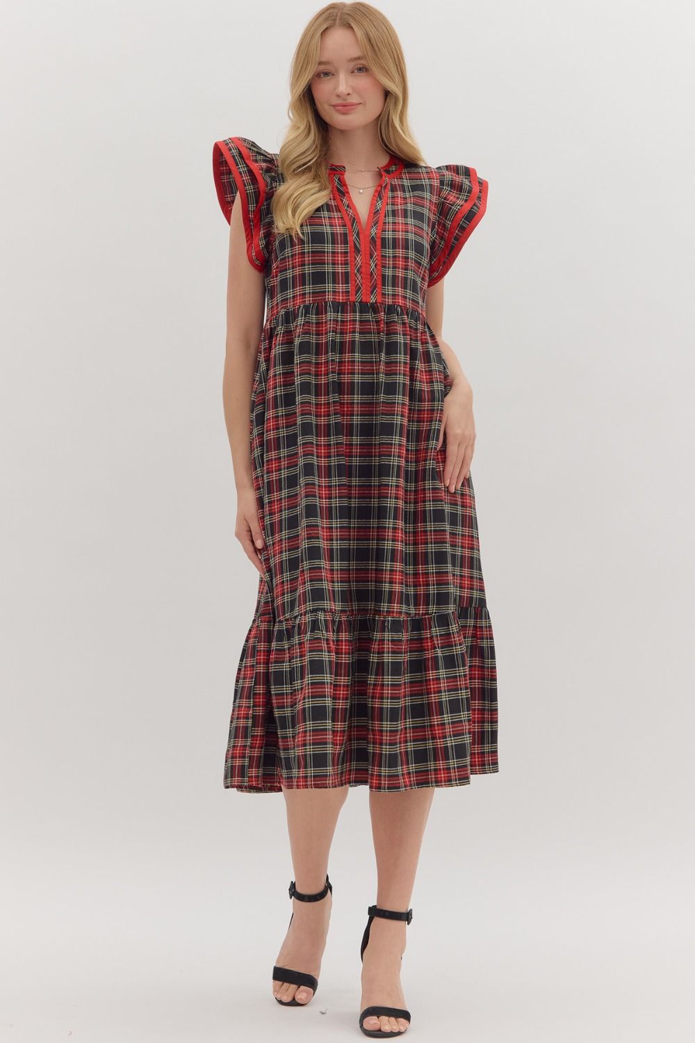 Plaid Flutter Sleeved Midi Dress {Black} Kelly Fields Boutique Plaid Flutter Sleeved Midi Dress {Black} Kelly Fields Boutique