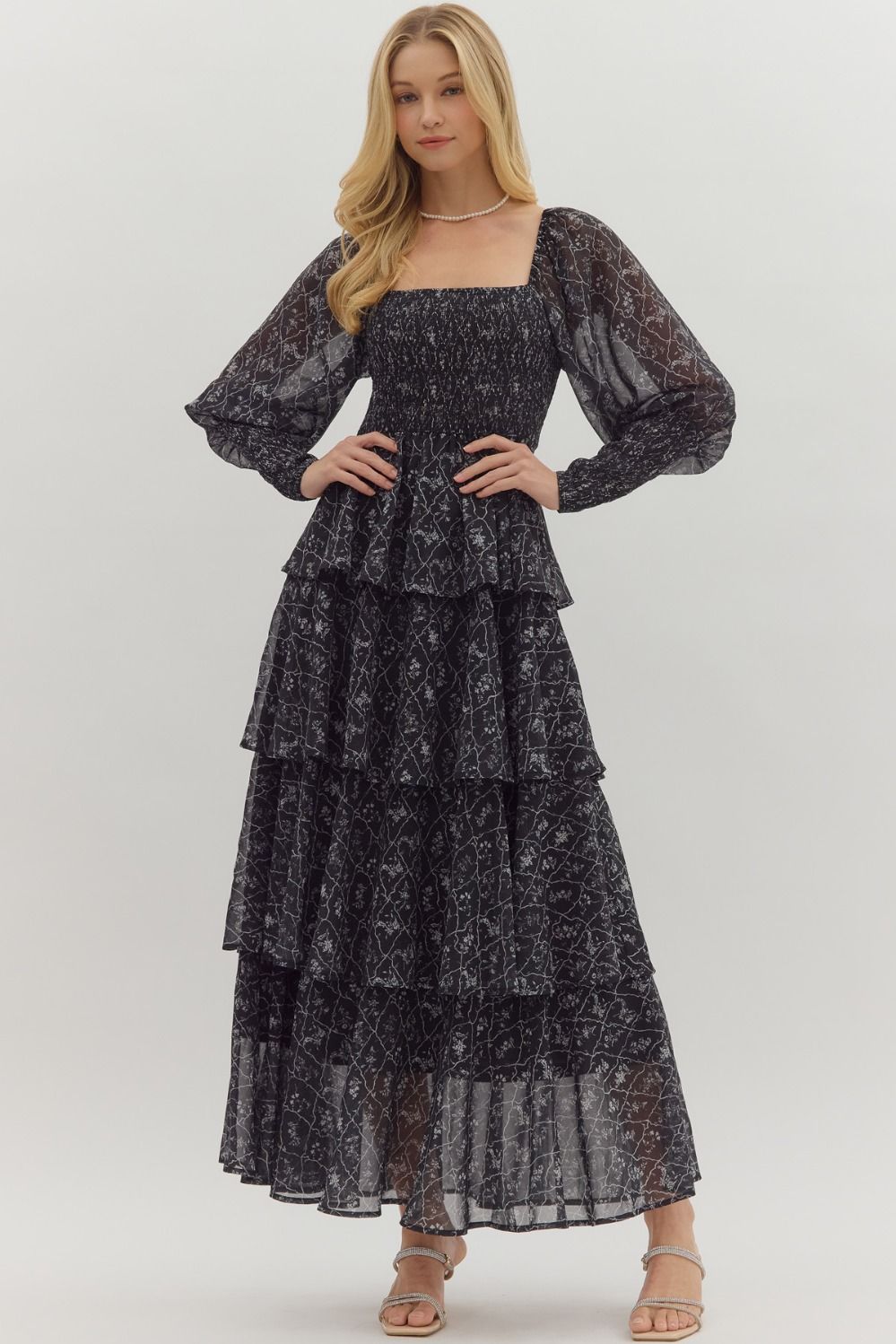 Tiered Puff Sleeved Floral Maxi Dress {Black} Kelly Fields Boutique Tiered Puff Sleeved Floral Maxi Dress {Black} Kelly Fields Boutique