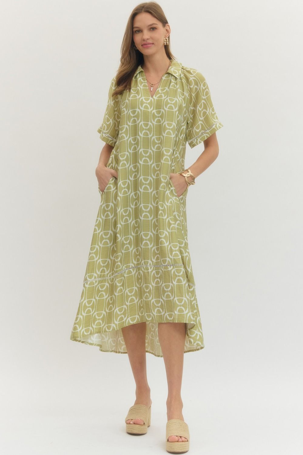 entro green floral dress Scallop Trim Puff Sleeve Mini Dress- Women's Olive Green Dress- Entro  Dresses – Juliana's Boutique main image 0
