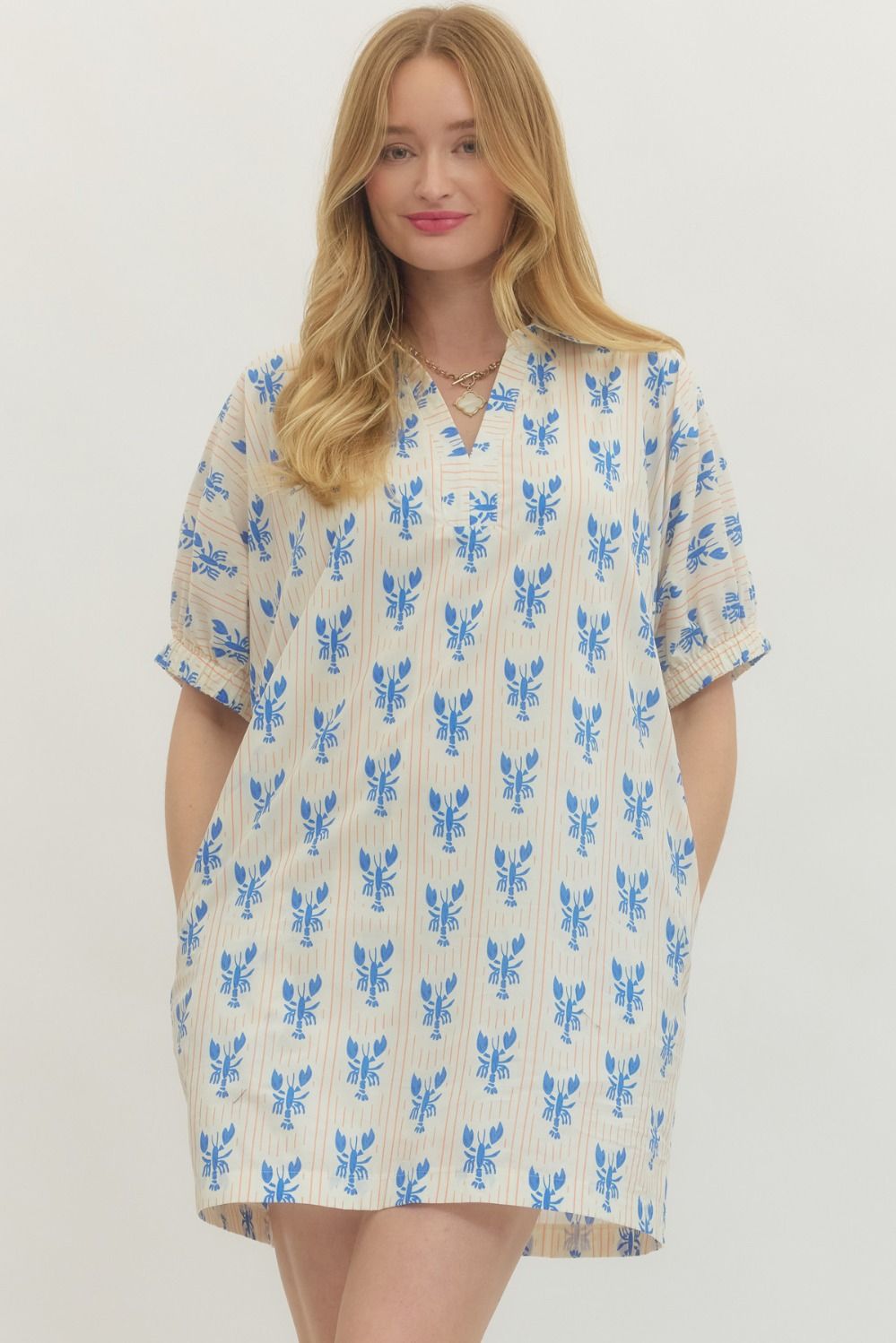 Lobster Printed Puff Sleeve Mini Dress {Blue}