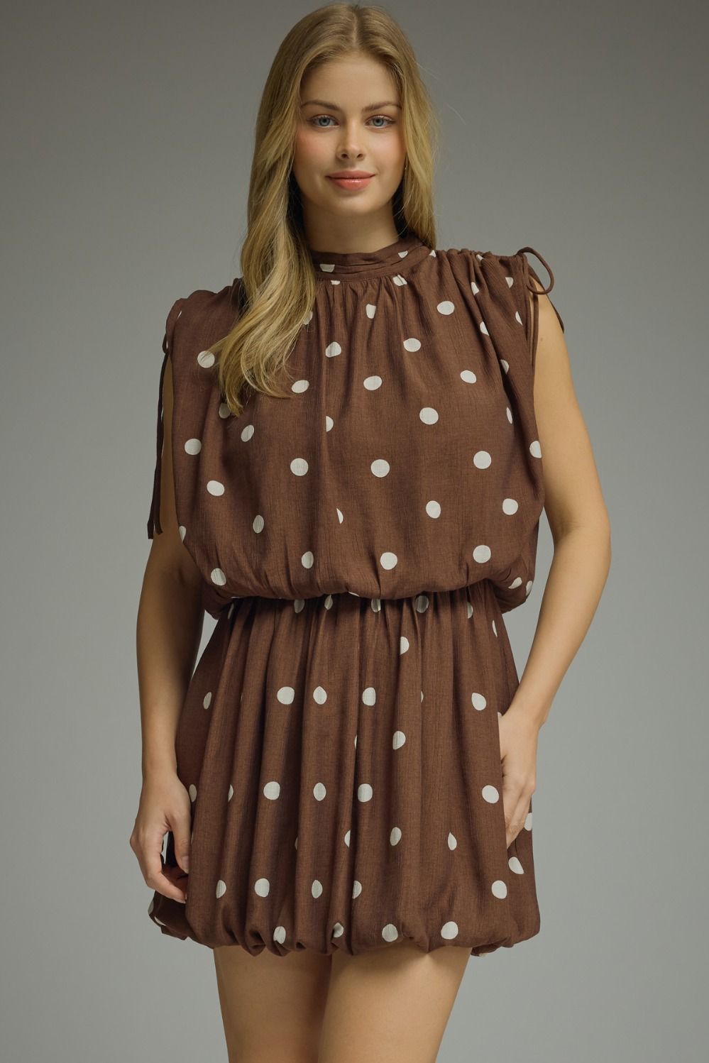 brown polka dot dress short sleeve Dotted Sleeveless Mini {Brown} – Kelly Fields Boutique Marina Ruffle Shoulder Midi Ygroup_amandalacetrimmaxidress quality polyester Color:wine red
