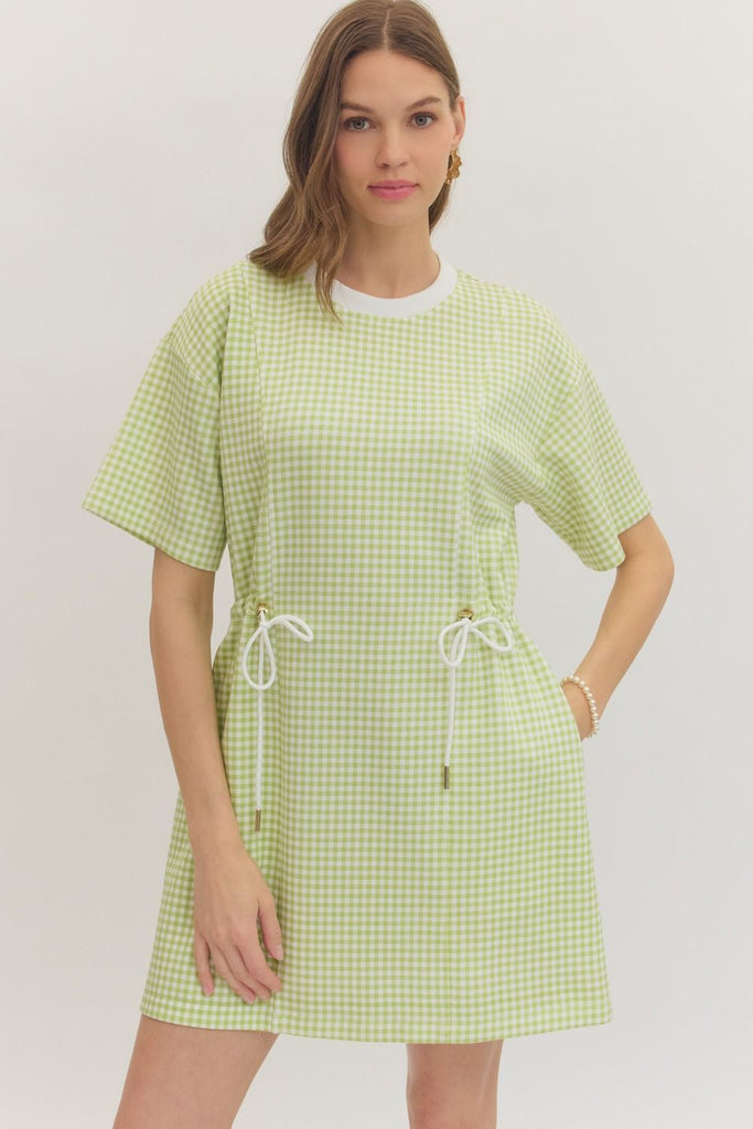 Checked Drawstring Mini Dress {Celery} – Kelly Fields Boutique